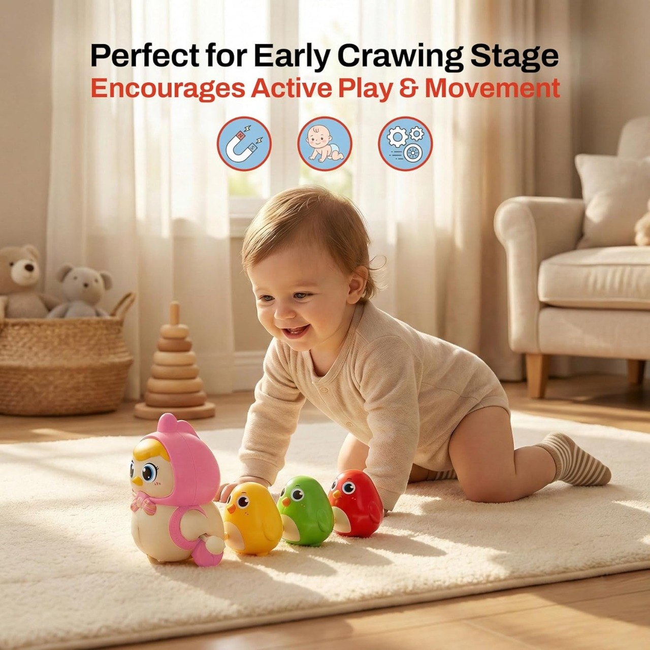 Chicken Toy for Kids, Magnetic Hen with Chick, Wind-up Crawling Duck, Cute Walking Chicken Toy, Toddler Spring, Baby Crawling for Boys and Girls, Animal Wind up Toy Set