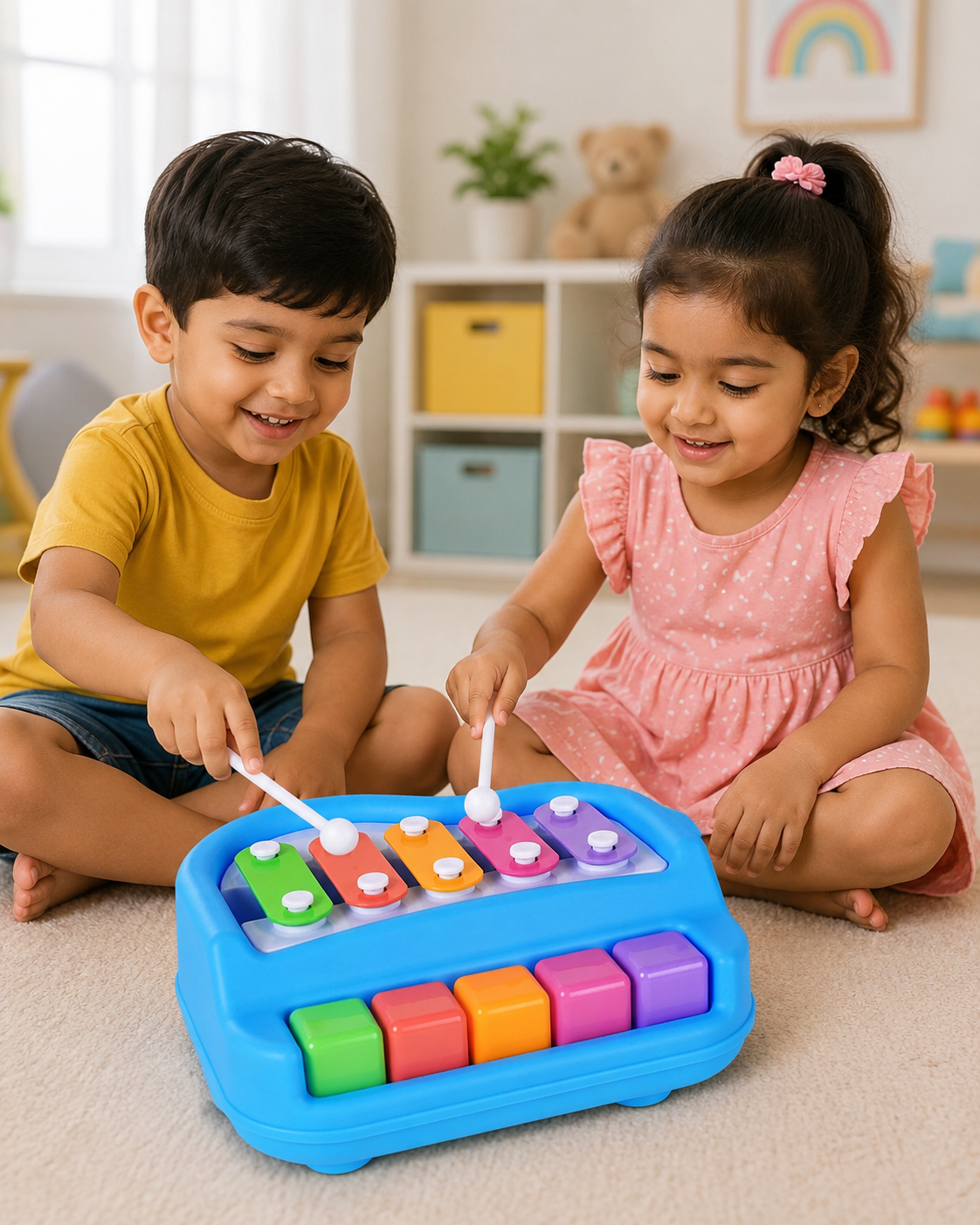 2 in 1 Piano Xylophone Premium Non Toxic, Non-Battery, 5 Key Scale Musical Instrument for Kids, Toddlers (Multicolor)
