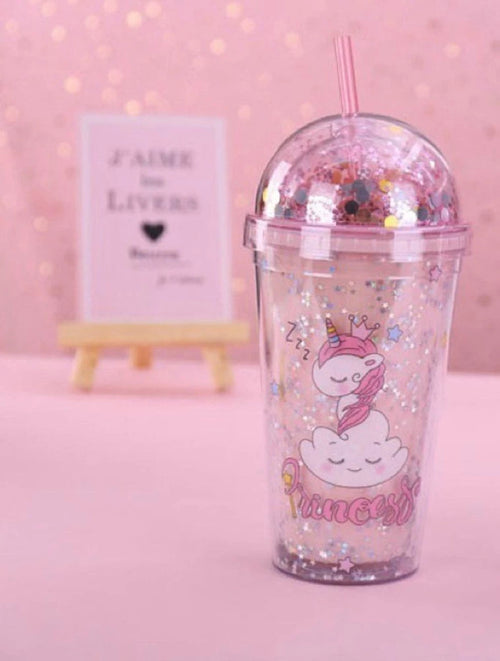 Anadimall Unicorn Design with Sparkle and Glitter Sipper Bottle with Straw