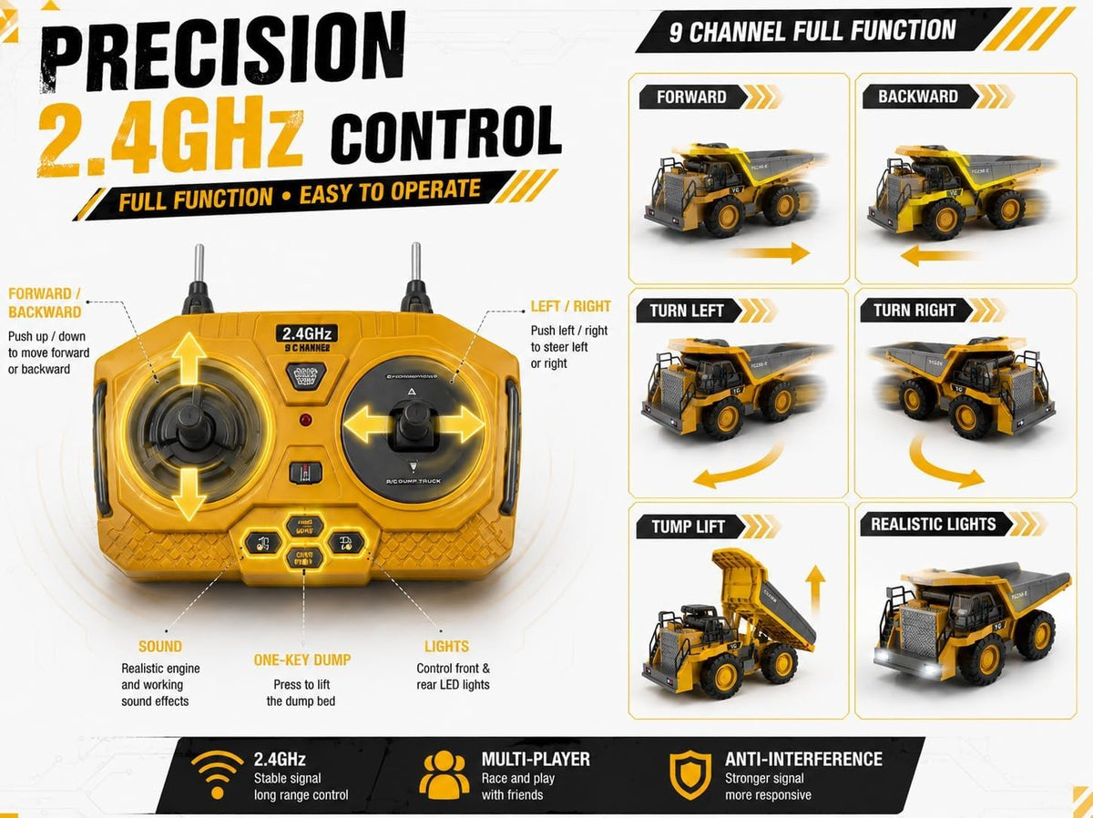 RC Dump Truck Toy with 9 Channel 2.4 GHz Remote Control