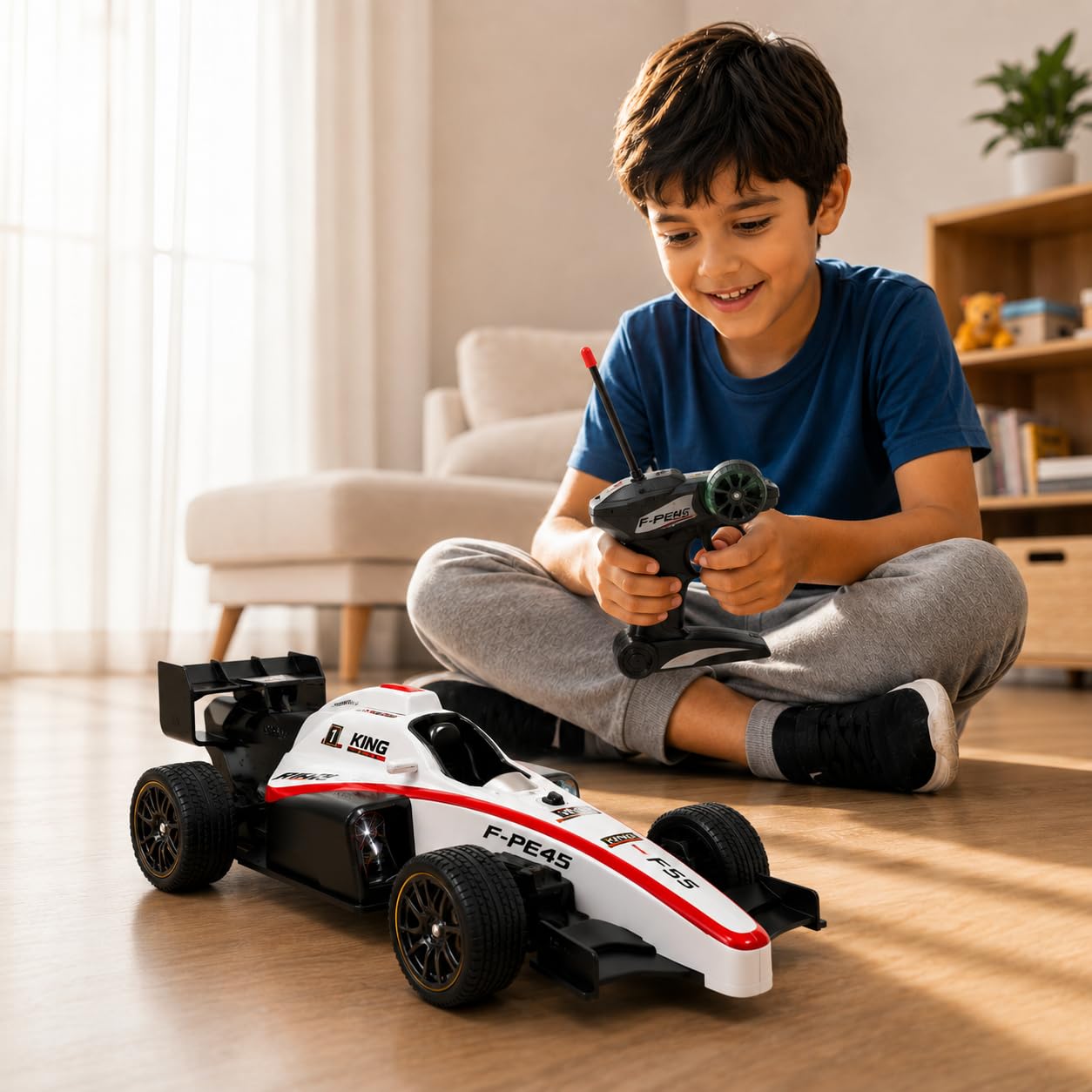 High Speed F1 Formula Racing Car Toy for Kids with Joystick Remote Control and Rechargeable Battery for Car - LED Lights, 2 WD Smokey Mist Spraying Car