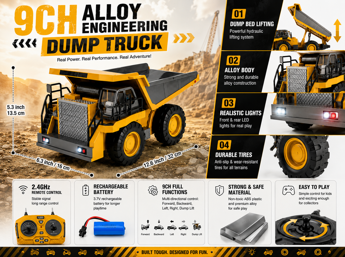 RC Dump Truck Toy with 9 Channel 2.4 GHz Remote Control