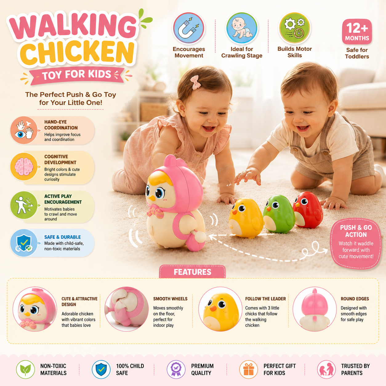 Chicken Toy for Kids, Magnetic Hen with Chick, Wind-up Crawling Duck, Cute Walking Chicken Toy, Toddler Spring, Baby Crawling for Boys and Girls, Animal Wind up Toy Set