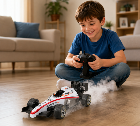 High Speed F1 Formula Racing Car Toy for Kids with Joystick Remote Control and Rechargeable Battery for Car - LED Lights, 2 WD Smokey Mist Spraying Car