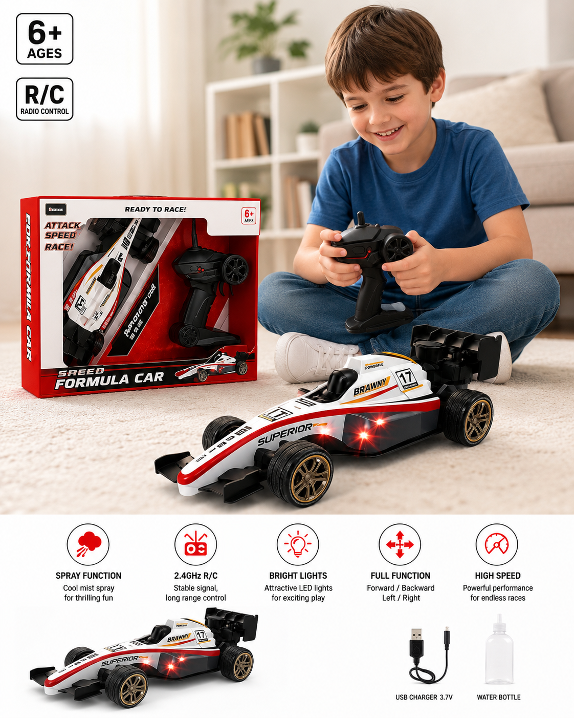 High Speed F1 Formula Racing Car Toy for Kids with Joystick Remote Control and Rechargeable Battery for Car - LED Lights, 2 WD Smokey Mist Spraying Car