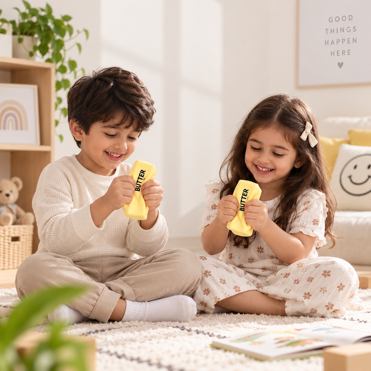 Kids playing with Butter Squeeze Squishy Toy at home
